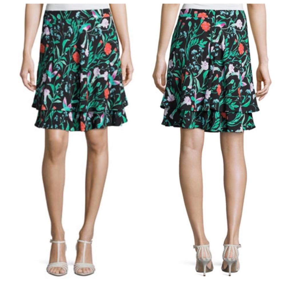 KATE SPADE Jardin Scenic Route Skirt Womens 2 Black Floral Silk Mini Flounce